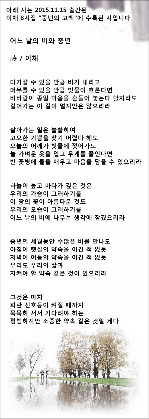 비가 오면 중년의 가슴에도 비가 내리네, 등 중년 비에 관한 시 7편/ 이채시인